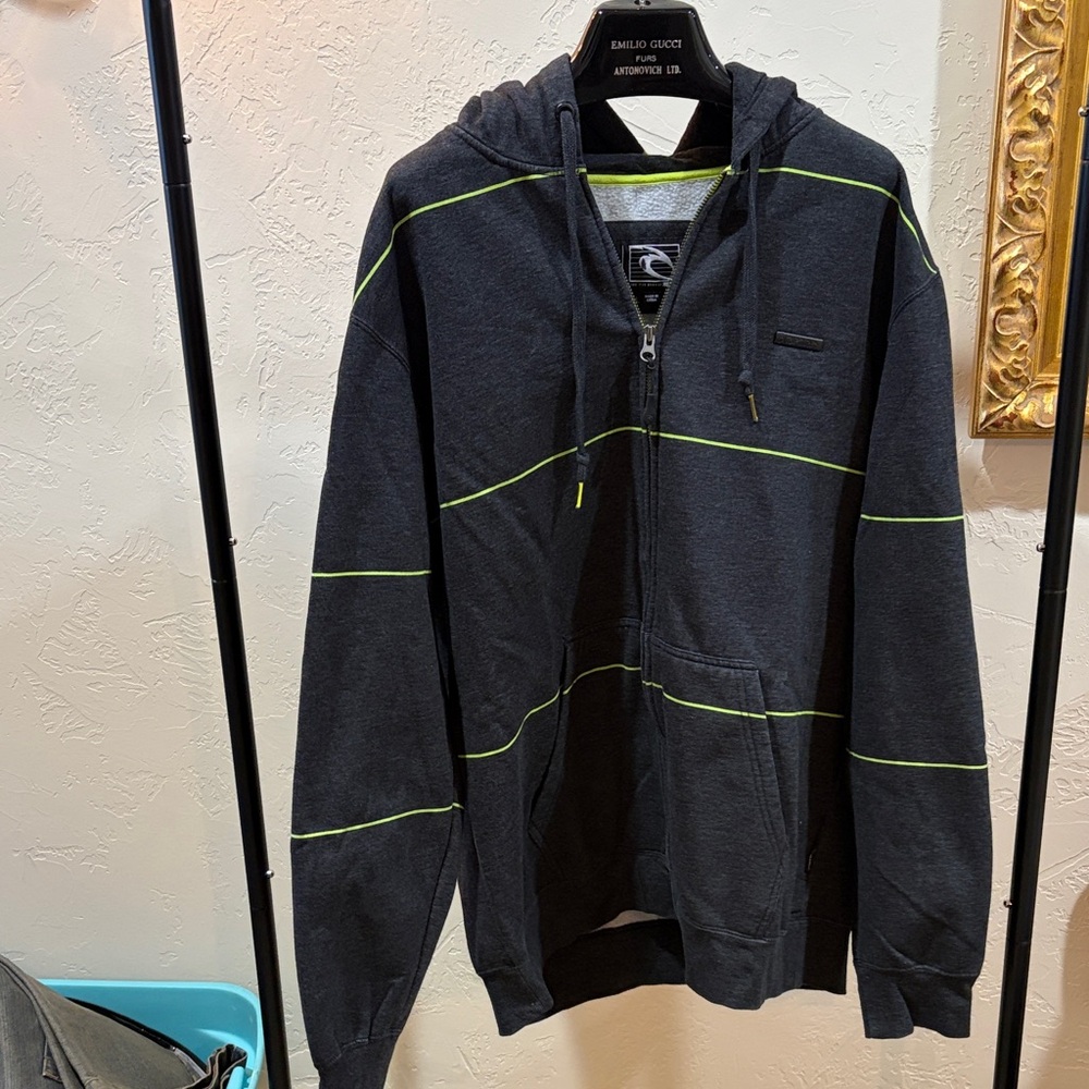 Rip Curl Black Zip-Up Hoodie with Lime Stripe Accents XL Great for BTS